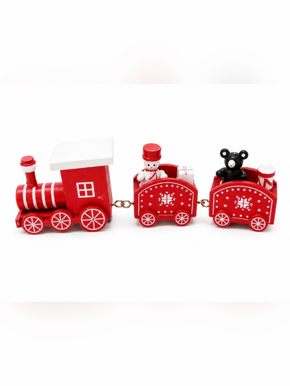Mini Wooden Christmas Train Set with Snowman & Bear – Red Holiday Tabletop Decor